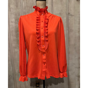 Vintage Elite International 70's 80's Orange Red Tuxedo Ruffle Pirate High Neck